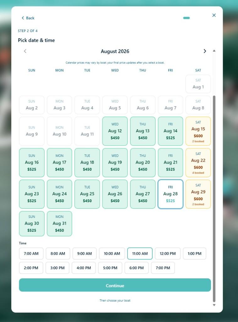 Slipstack date-and-time picker for launch windows used when kayak shops sell rack counts