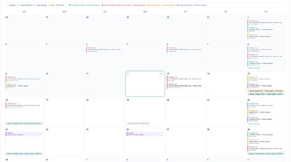 Slipstack operations calendar with charters, holds, blocked days, and per-boat bookings