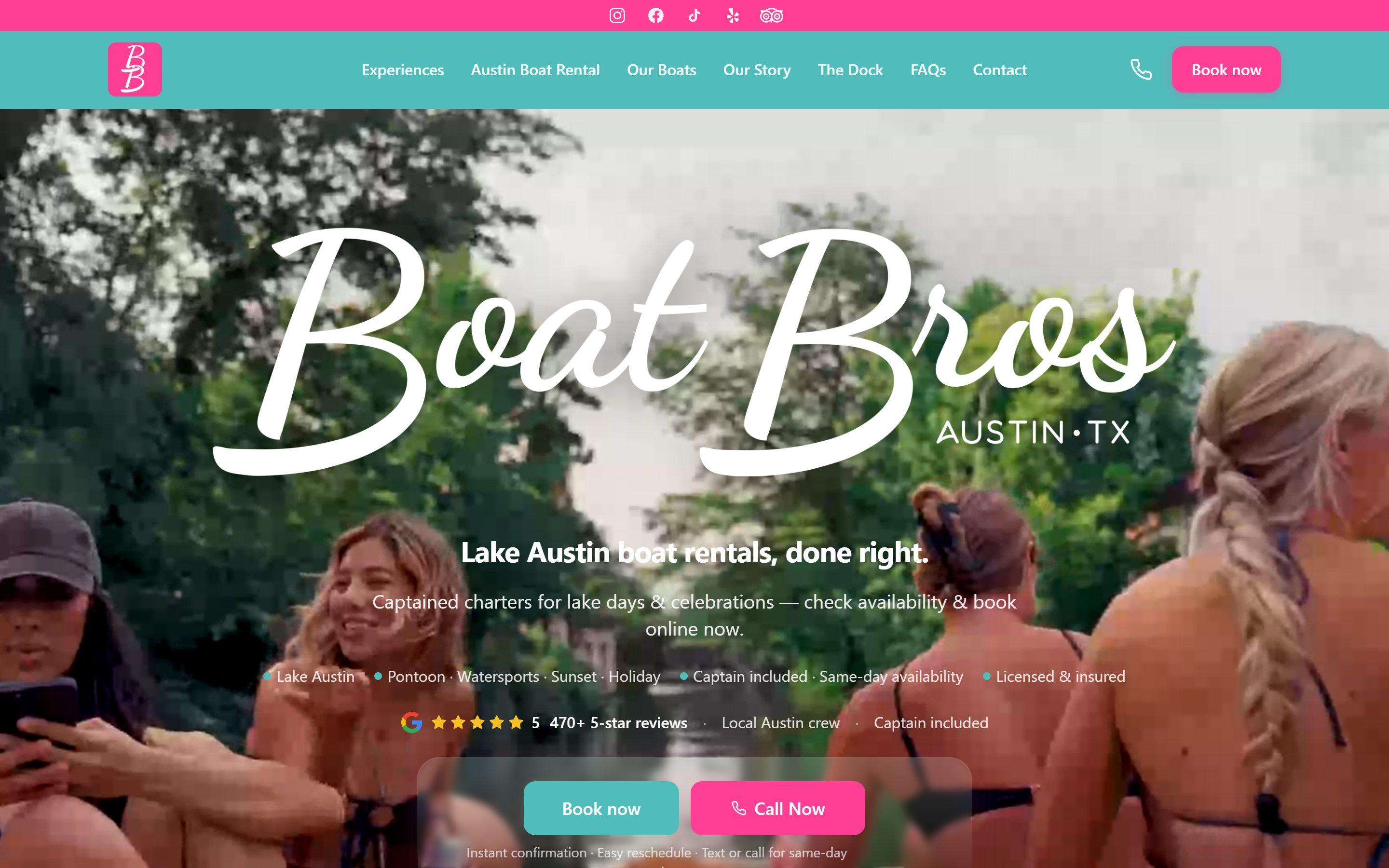 Boat Bros ATX live site — Lake Austin captained pontoon and watersports charters