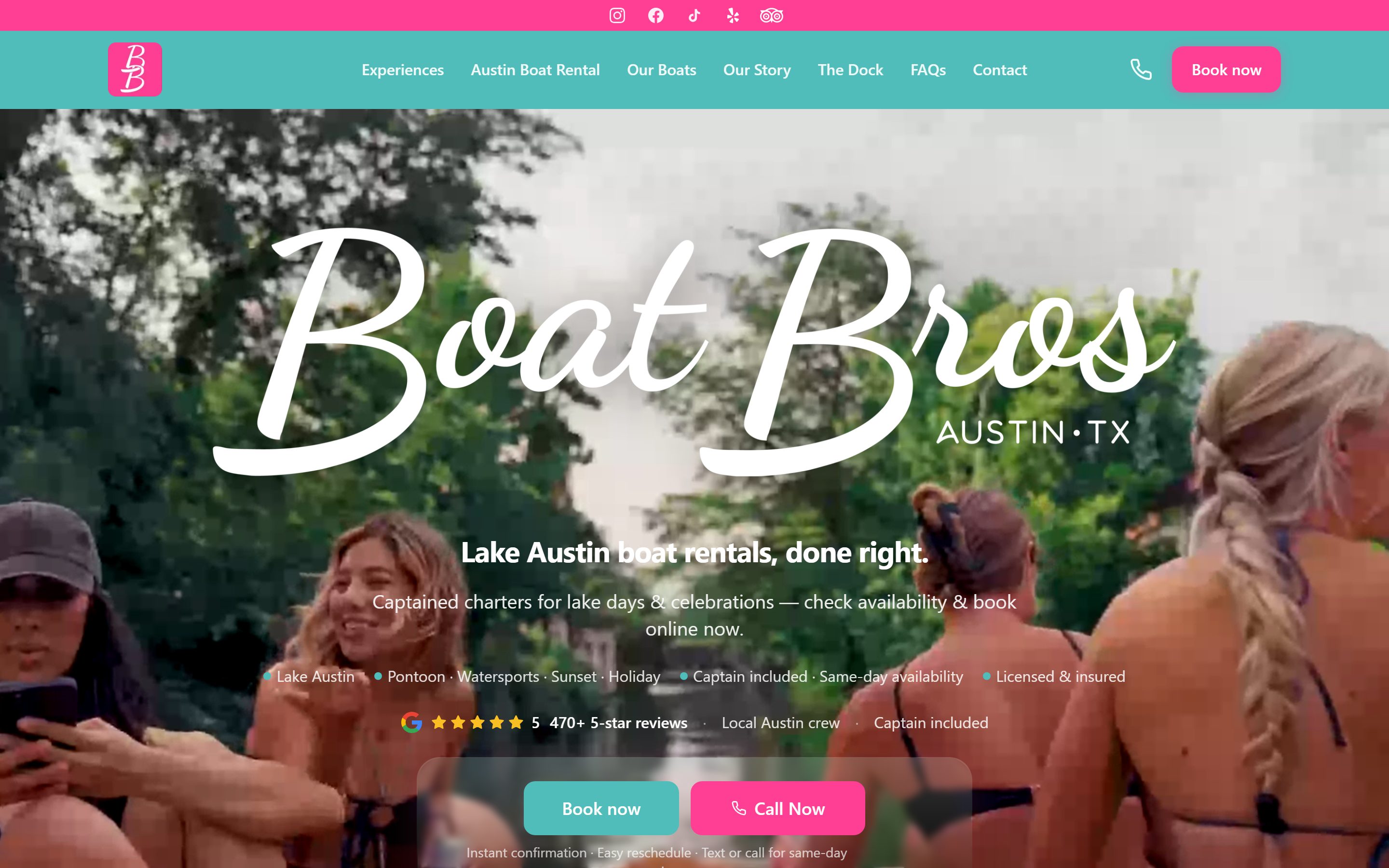 Boat Bros ATX live site — Lake Austin captained pontoon and watersports charters